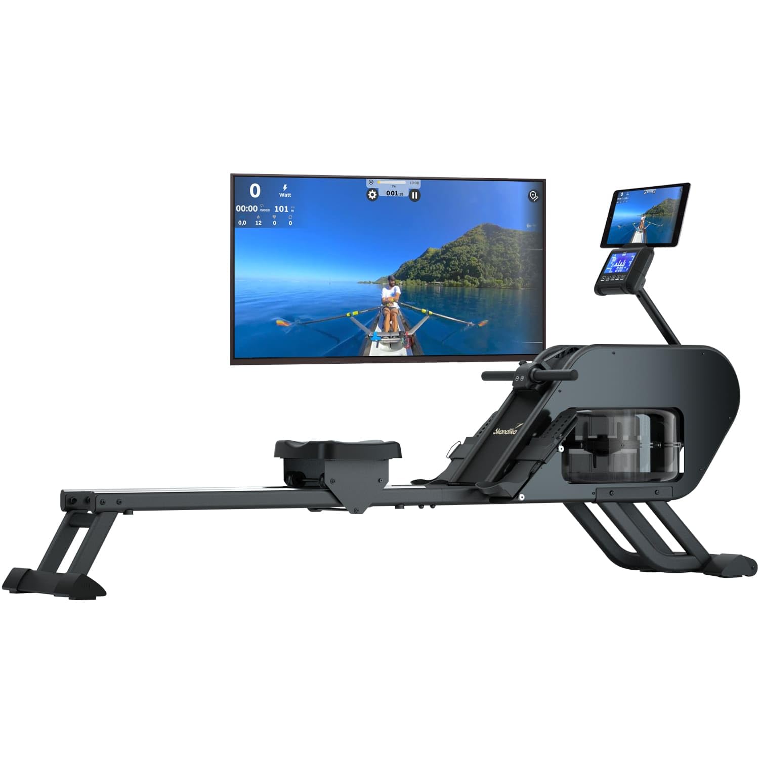 Skandika Rameur à Eau Nemo III | Rameur d'appartement avec résistance à l'eau, Compatible Kinomap, Bluetooth, Console LCD, Support Tablette, jusqu'à 150 kg | Rameur