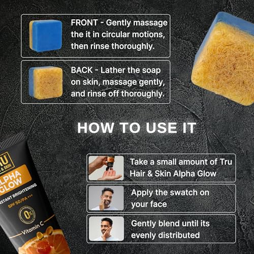 Image of Tru Hair & Skin RebelX Blast Scrub Bathing Bar for Men 100g with AlphaGlow Sunscreen SPF 50 PA+++ 25g | Deep Cleansing Handmade Soap & Daily Sun Protection Combo