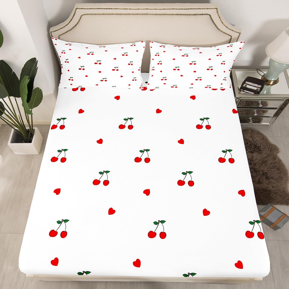 Erosebridal Kids Red Cherry Fitted Sheet Queen Size for Kids Boys Girls Cherry Pattern Bed Sheets Yummy Fruit