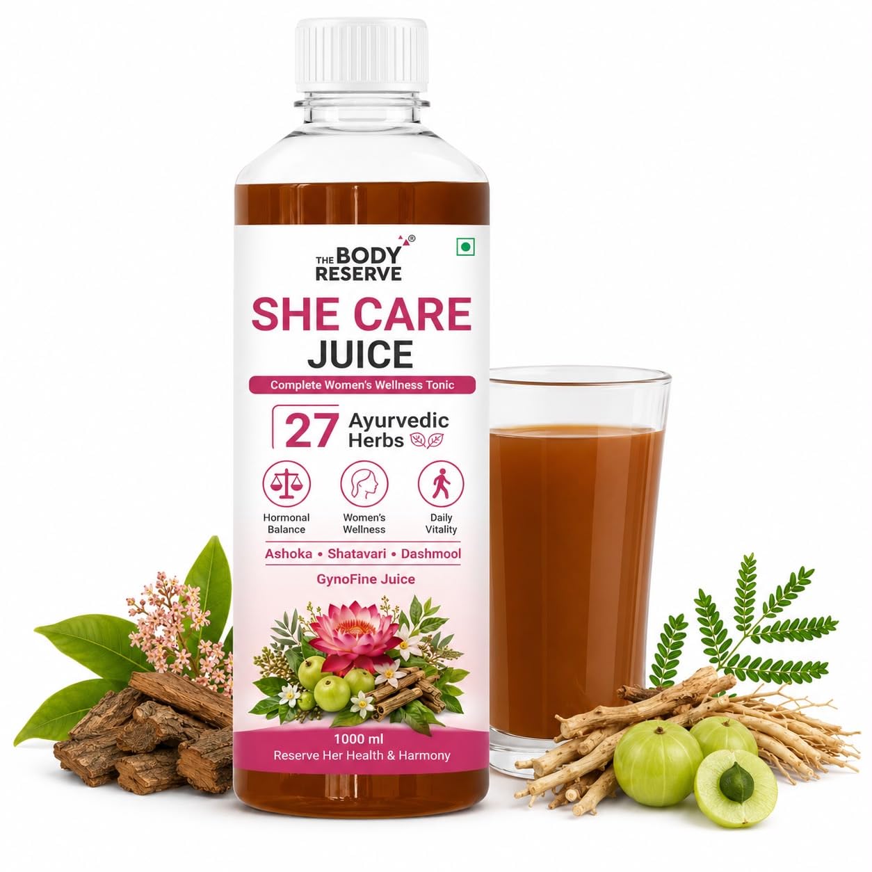 The Body Reserve She Care Juice for Women | Ashok 500mg & Shatavari 200mg Ayurvedic Juice | 27 Herbs, No Added Sugar | 1 L-image-47