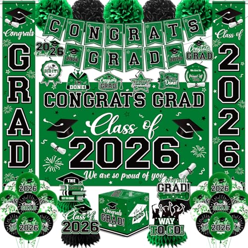 Graduation Decorations 2026 Green Party Decor Set with Congrats Grad Banner Class of 2026 Backdrop Balloons Box & Streamers Supplies for High School & College Celebrations
