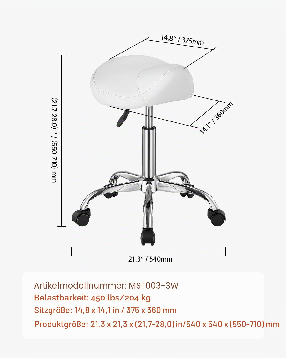 VEVOR Sattelhocker Rollhocker 204 kg belastbarer höhenverstellbarer (55-71 cm) Drehhocker Arbeitshocker, ergonomischer verdickter PU-Leder-Drehsattelstuhl für Salon Spa Massage Klinik, Weiß