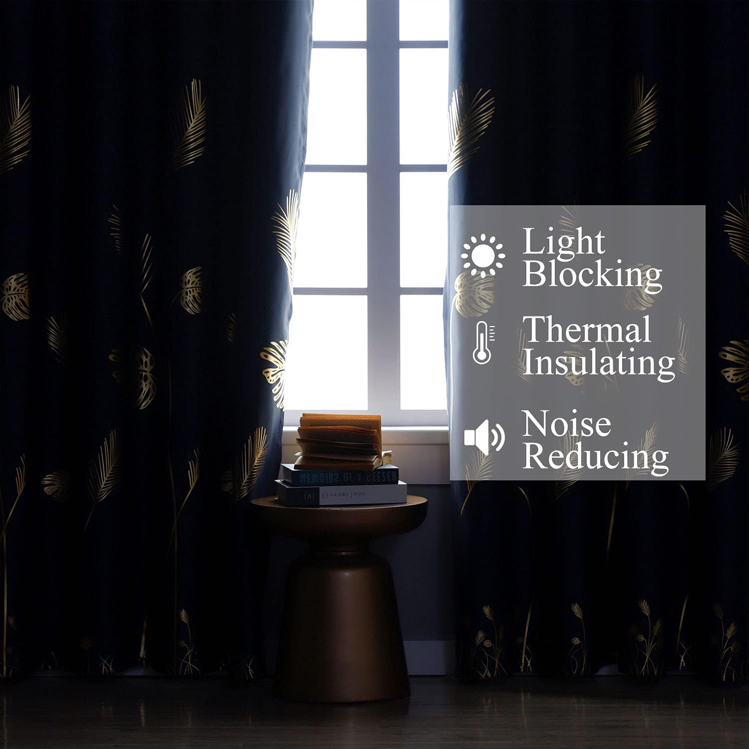 Estelar Textiler Navy Blue Blackout Curtains for Living Room 84 Inch Length 2 Panels Set, Gold Palm Leaves Printed Window Drapes, Energy Saving Curtains for Bedroom, 52Wx84L