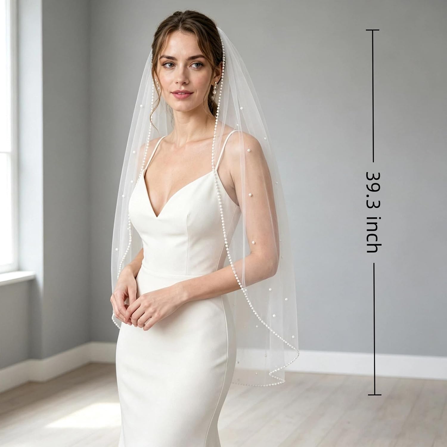 Bridal Wedding Veil with Pearl Beaded Edge, 39 Inches Soft Tulle