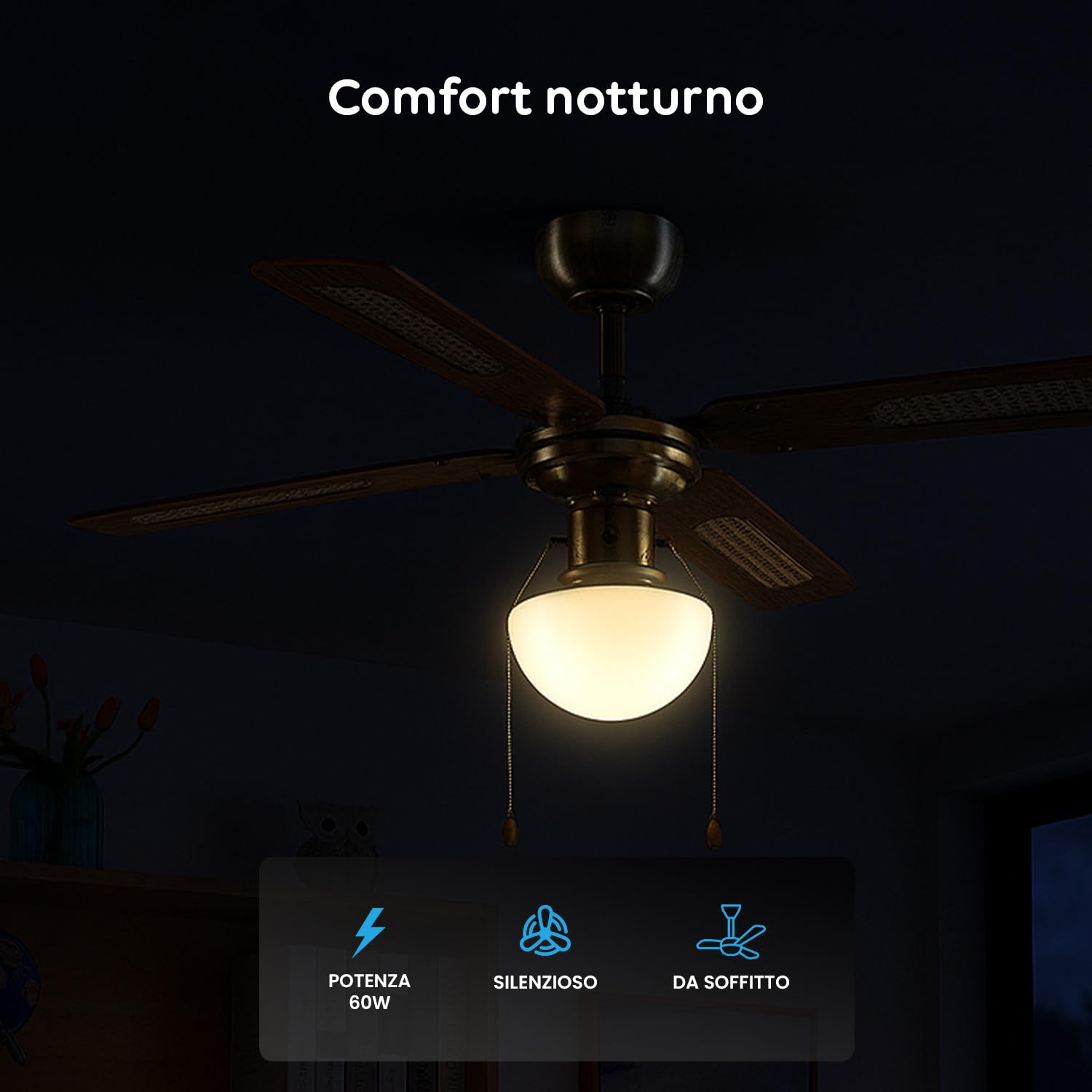 Wintem - Ventilatore da Soffitto 60W con Luce Ø106 cm con Pale in Legno per Ambienti Domestici e Lavorativi, Illuminazione Integrata da Lampada E27, Motore Silenzioso e Rotazione Reversibile