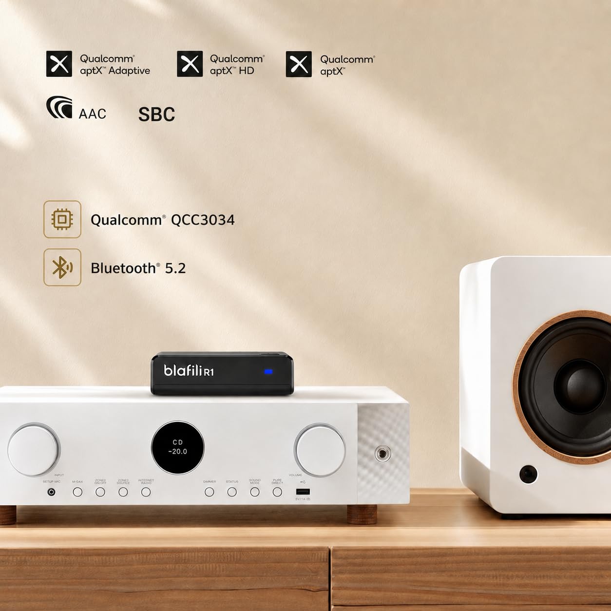 Odbiornik Bluetooth R1 do domowego stereo, wyjścia RCA i wejścia zasilania
