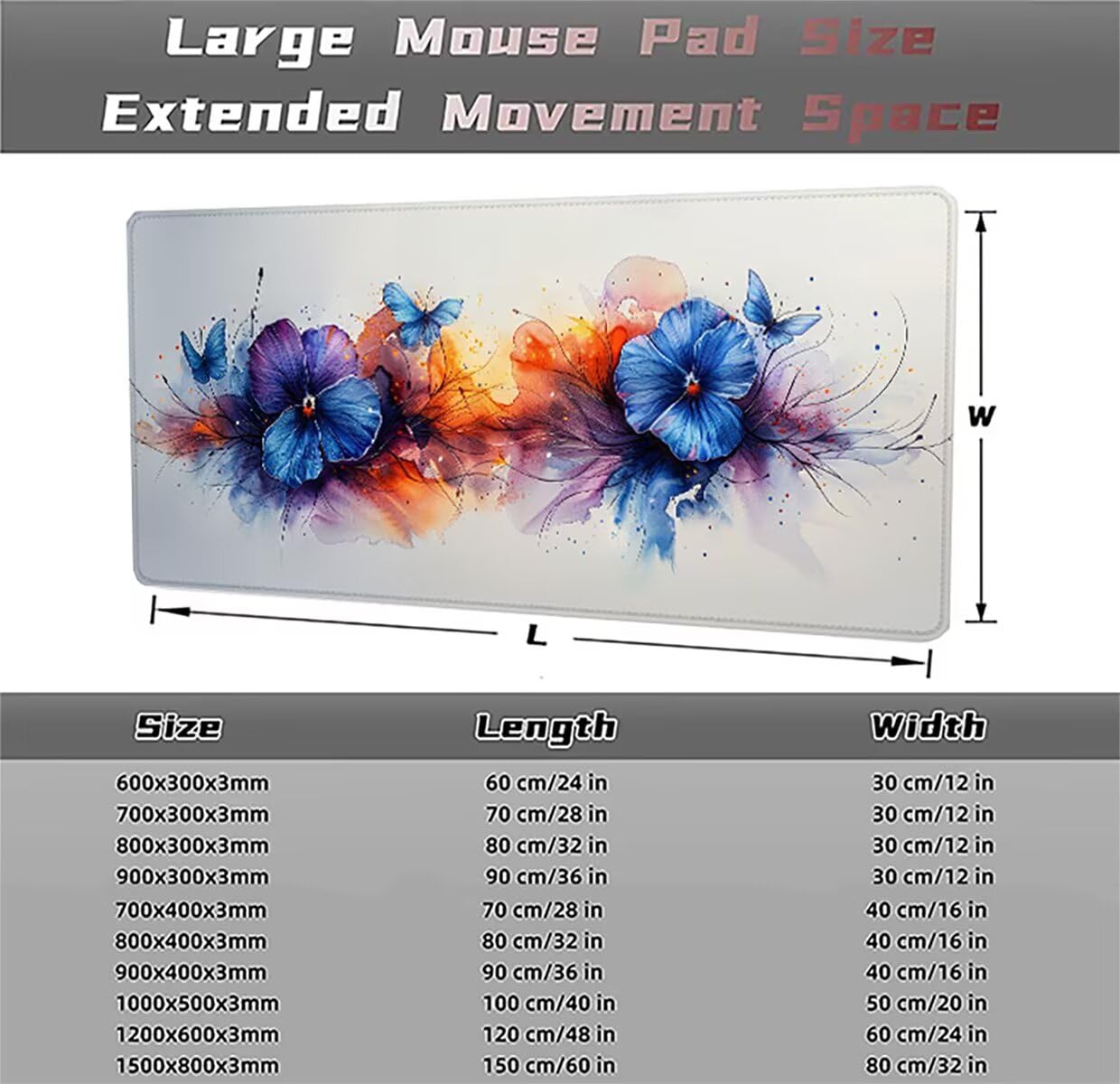 Tappetino per Mouse Gaming XXL 1200x600x3mm– Ufficio Mousepad Grande – Migliora la Velocità e la Precisione Tenuta Stabile Sottomano per Ufficio e Casa Accessori Scrivania Fiori PjY10857 N-U