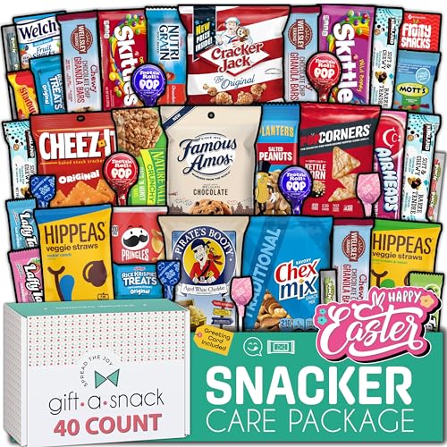 Gift A Snack – Easter Snack Box Variety Pack Care Package + Greeting Card (40 Count) Sweet Treats Gift Basket, Candies Chips Crackers Bars, Crave Food Assortment