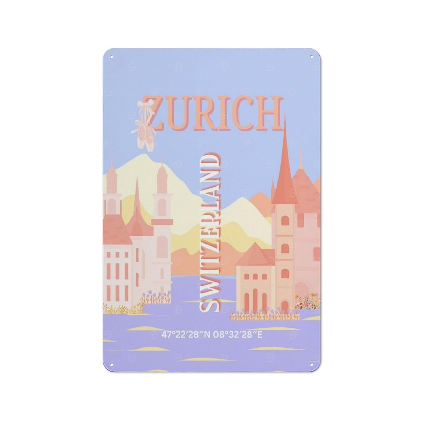 Junmoney Style-5 Vintage Metal Sign 30X20cm Featuring Zurich, Switzerland Travel For Pub Or Café, Wall Decor For People Reorganising Pub And Café
