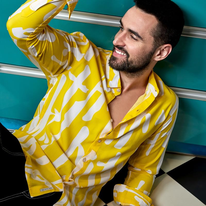 Image of CAHOOT Men's Lemon Yellow Abstract Print Shirt for Everyday Wear | Spread Collar | Button Closure | Long Sleeve | Heavy Rayon Shirt Crafted with Comfort Fit for Everyday Wear