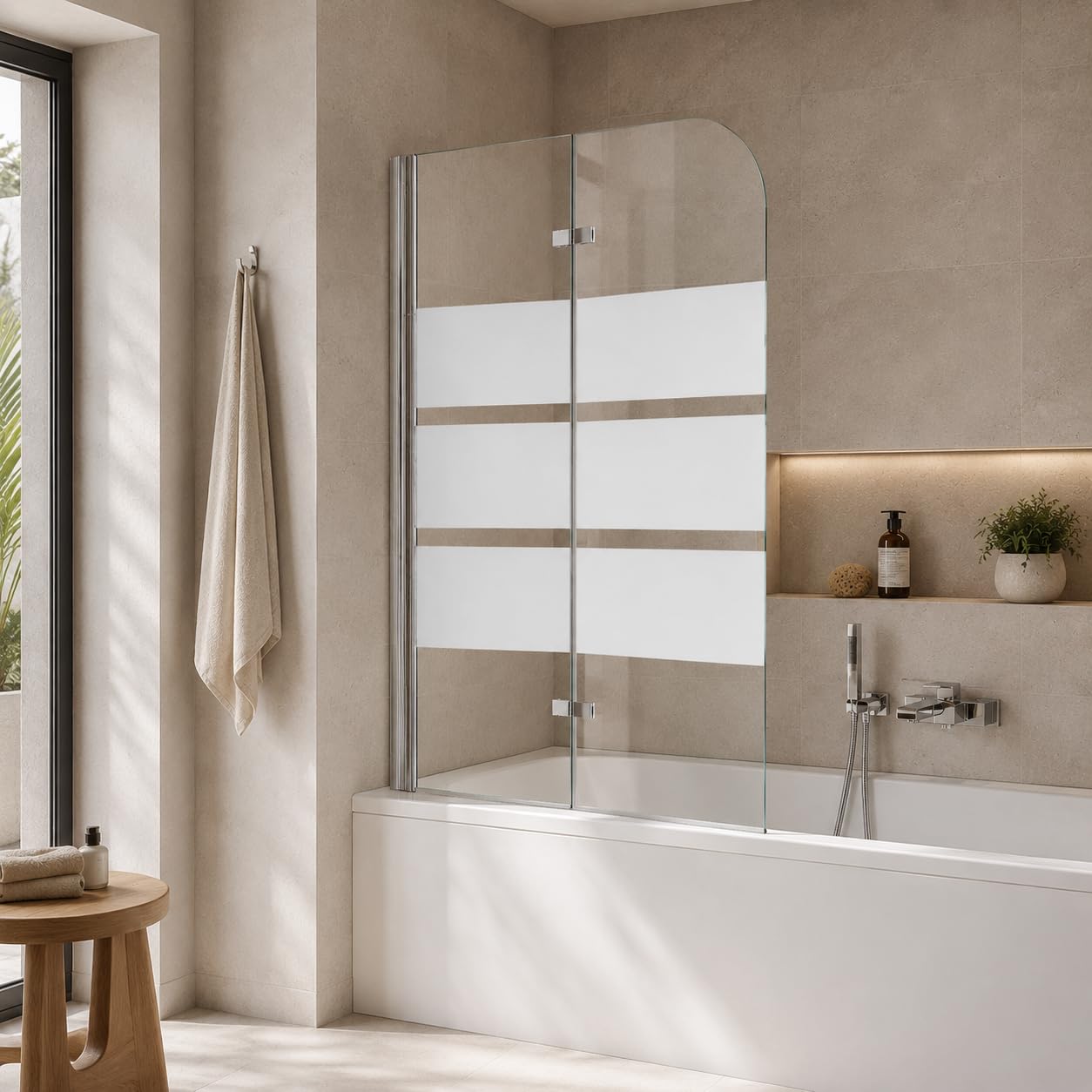 Mampara de ducha para bañera, 100 x 140 cm, plegable, de 2 partes, con vidrio de seguridad EGS de 6 mm, mampara de ducha para bañera, con rayas blancas