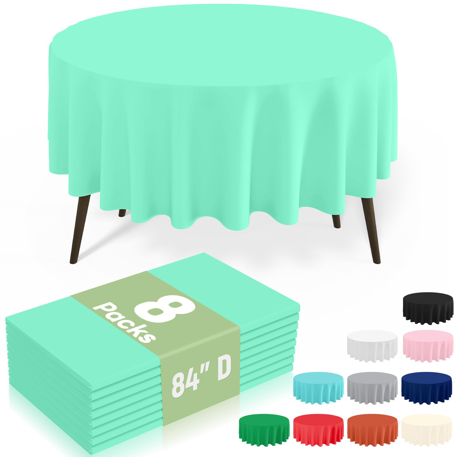 misaya 8 Packs Disposable Plastic Table Cloth, 84" Round Waterproof Tablecloth, Leakproof &amp; Sturdy Decorative Table Covers for Picnic, Party, Outdoor and Back to School, Mint Green