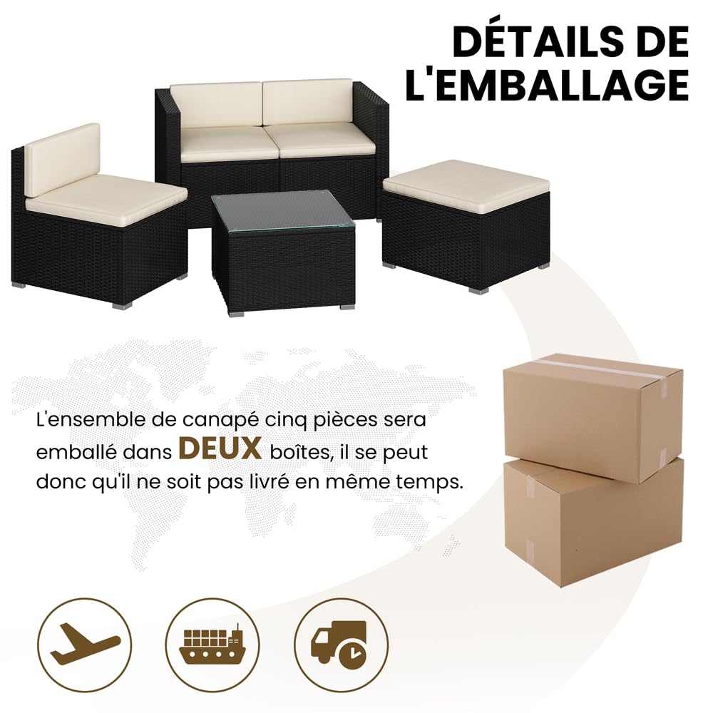 Yaheetech Salon de Jardin Exterieur 4 Personnes en Polyrotin Ensemble Mobilier de Jardin 5 Pièces avec 3 Canapé Modulables 1 Table Basse 1 Ottomane pour Balcon Bistro Patio Terrasse Noir/Beige
