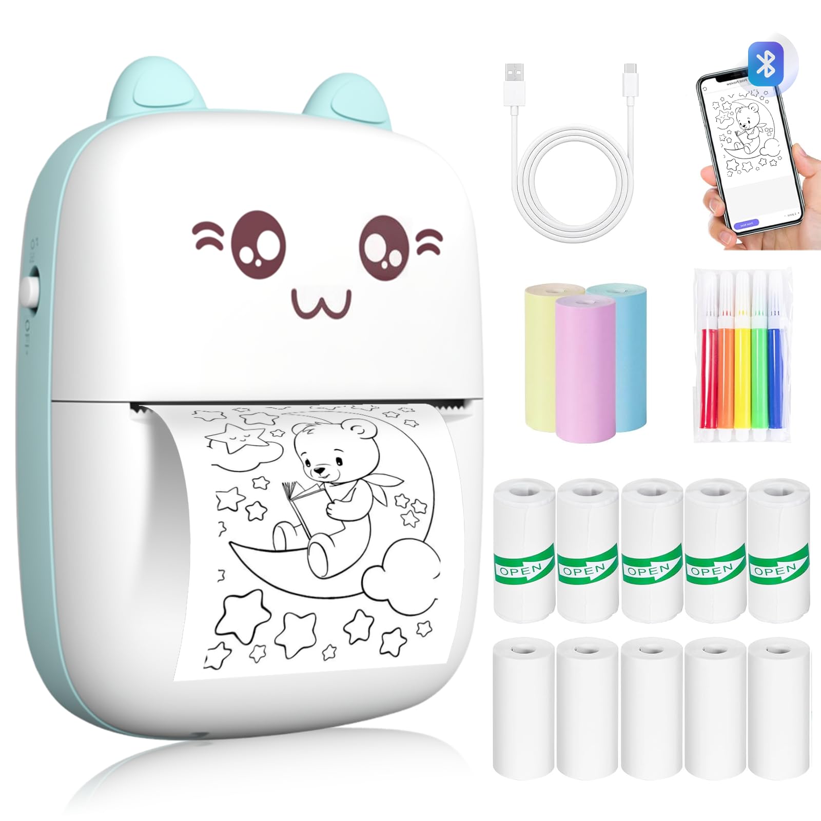 Printpod, mini stampante termica portatile, con 13 rotoli di carta da stampa, senza inchiostro, wireless, per telefoni iOS e Android, per appunti di studio, diari, fai da te, regalo