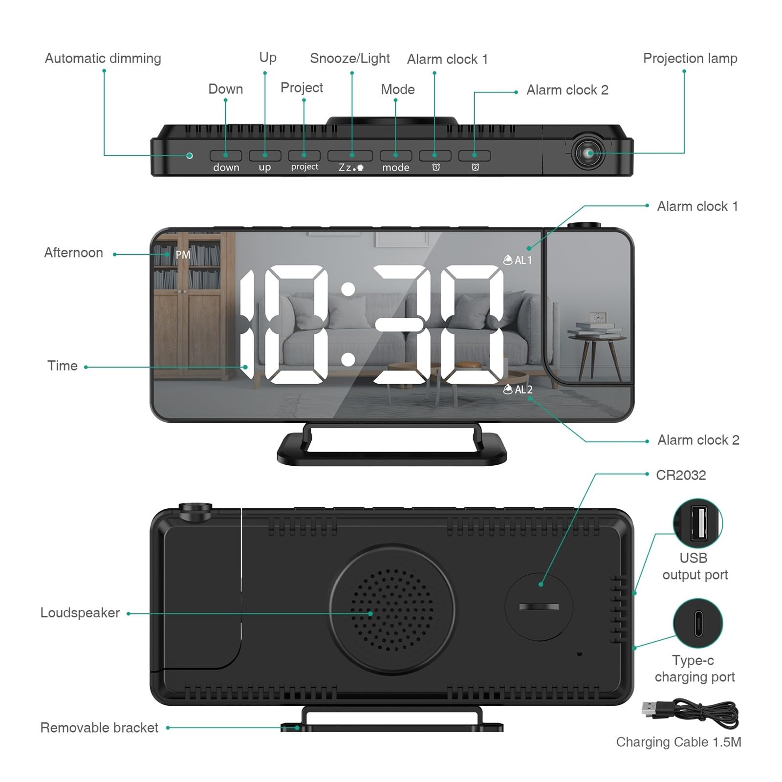LED Digitaler Projektionswecker, Elektronischer Wecker Mit Projektionszeit, Projektor, Schlafzimmer, Nachttisch, Desktop-Uhren Klare Projektion