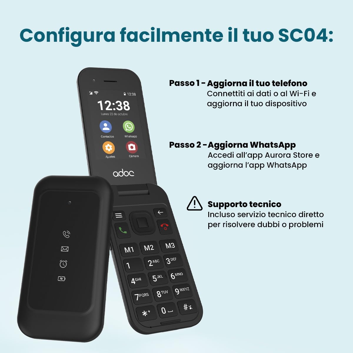 ADOC SC04 4G cellulare con whatsapp, touch screen, videoconferenza, tasti grandi, pulsante SOS, facile da usare, batteria durevole, Bluetooth, Wi-Fi, Android 12.
