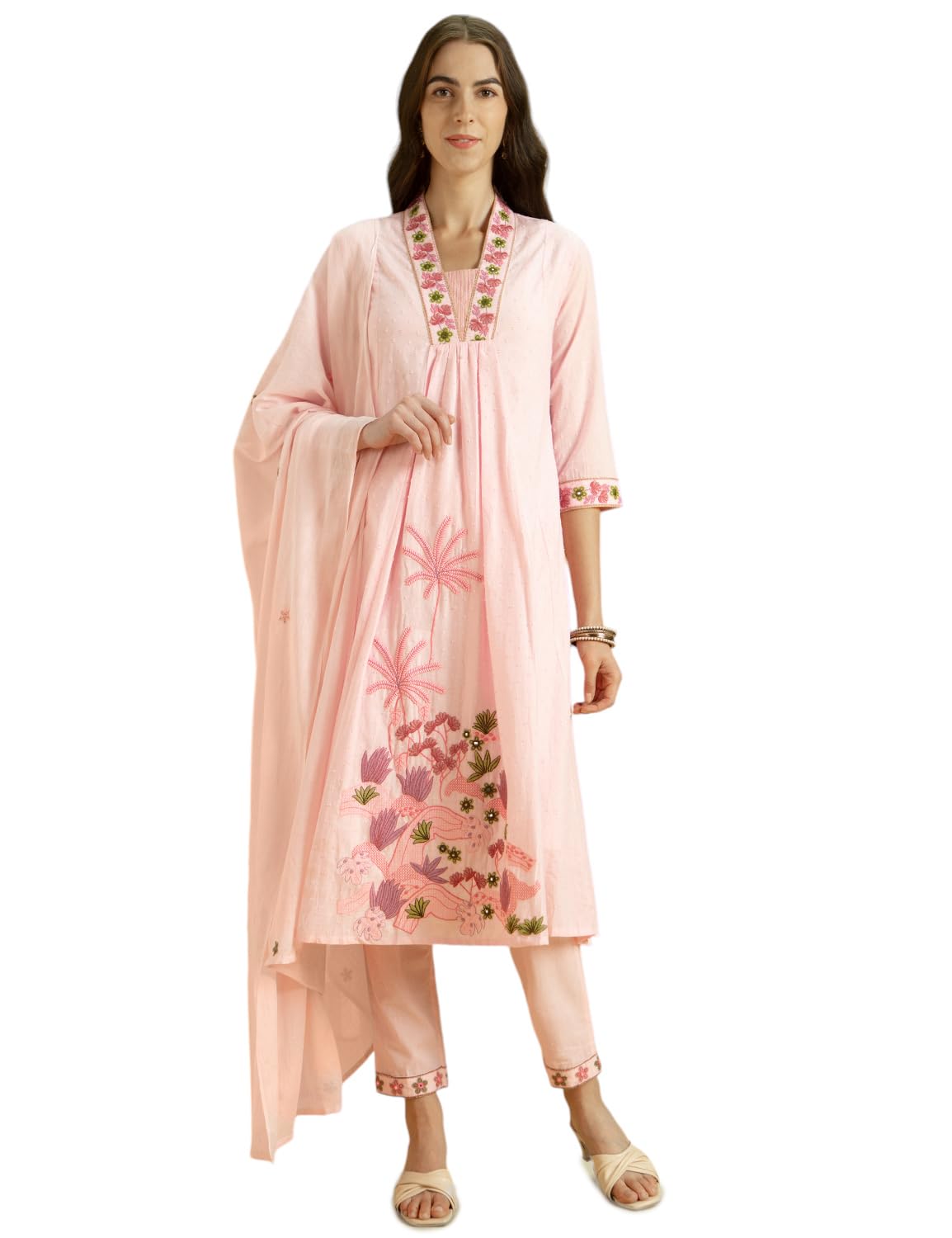 Kaari Women's Embroidered Kurta Set with Dupatta - A-line Fit | 100% Cotton | Embroidered Cotton Dupatta | Multi-color Placement Embroidery | Kurta Set For Women