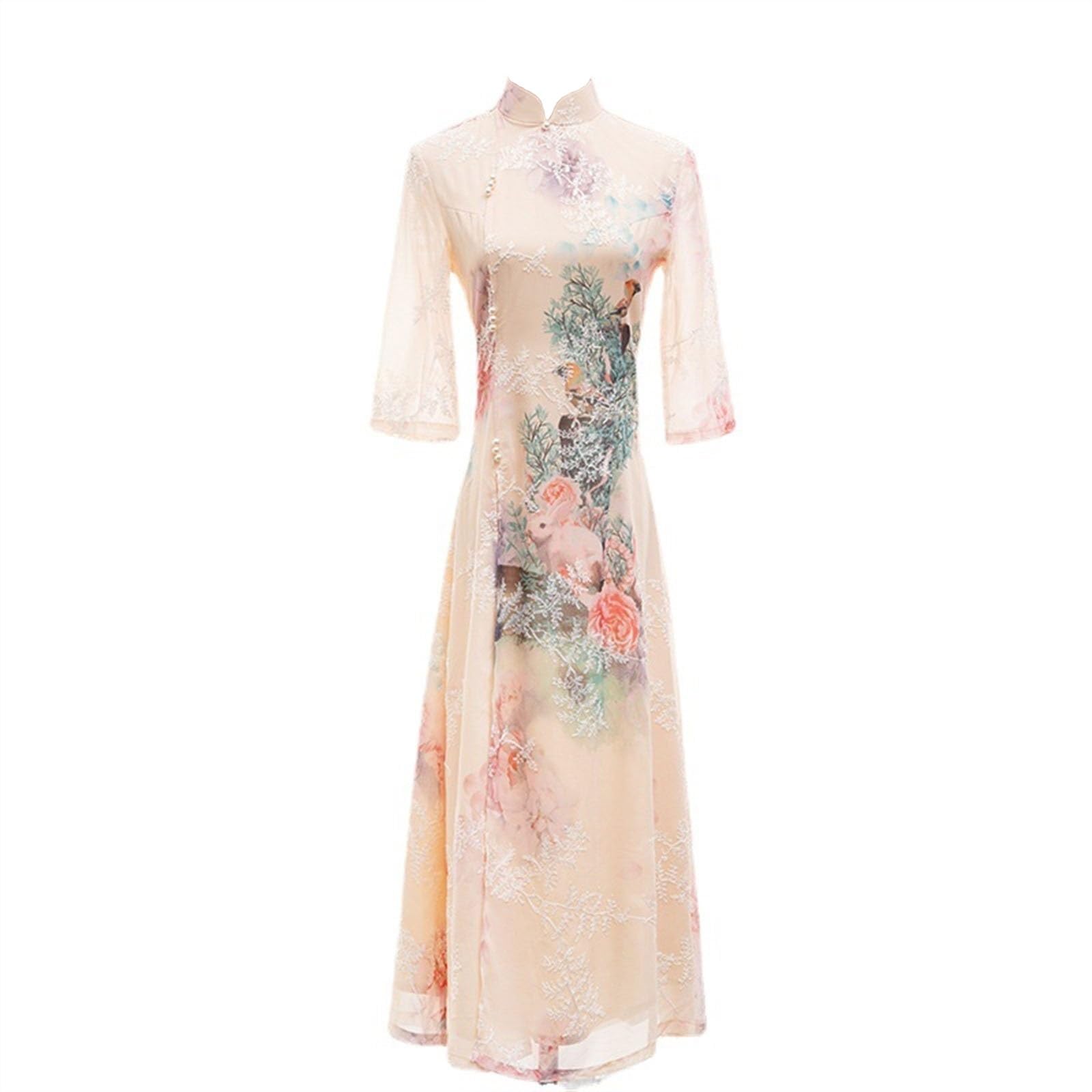 AHUAN Long Style Ao Dai Vietnamese Dress Qipao, Chiffon Chinese Traditional Dress Stand Collar Cheongsam(L)