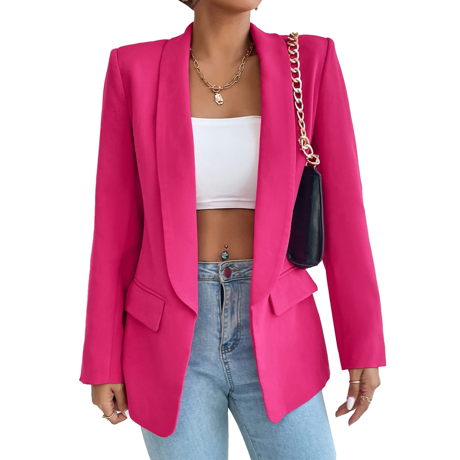 Blazer da donna, lungo, casual, aperto, da lavoro, da ufficio, con tasche