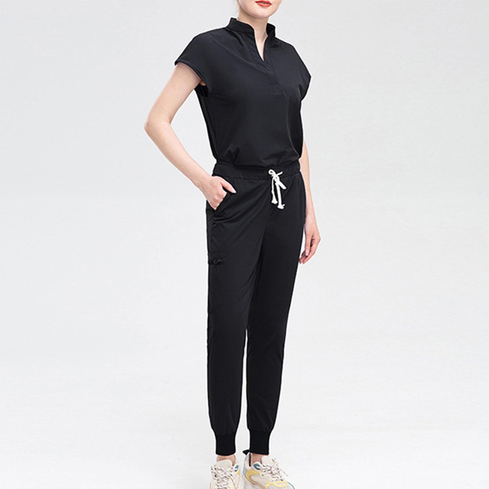 Conjunto de ropa quirúrgica con bolsillos, uniformes de enfermería para mujer, ropa de trabajo sólida con cuello en V, manga corta, botones y pantalones largos, trajes de trabajo para