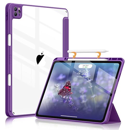 Soke Case for iPad Pro 12.9 Inch (6th/5th/4th/3rd Generation, 2022/2021/2020/2018) - Pencil Holder + Auto Sleep/Wake + Camera Protection, Transparent Shockproof Back Cover, Purple - B-Purple