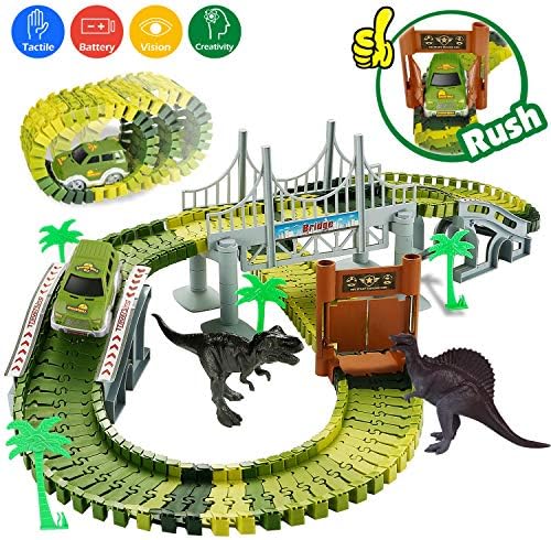 RENWER Dinosaur Toys Create A Road with 142 Pieces Flexible Train Track Playset 2 Dino, Race Track Car Toys for 3, 4, 5, 6 Year Old Boys and Girls Kids Best Gift (Green)