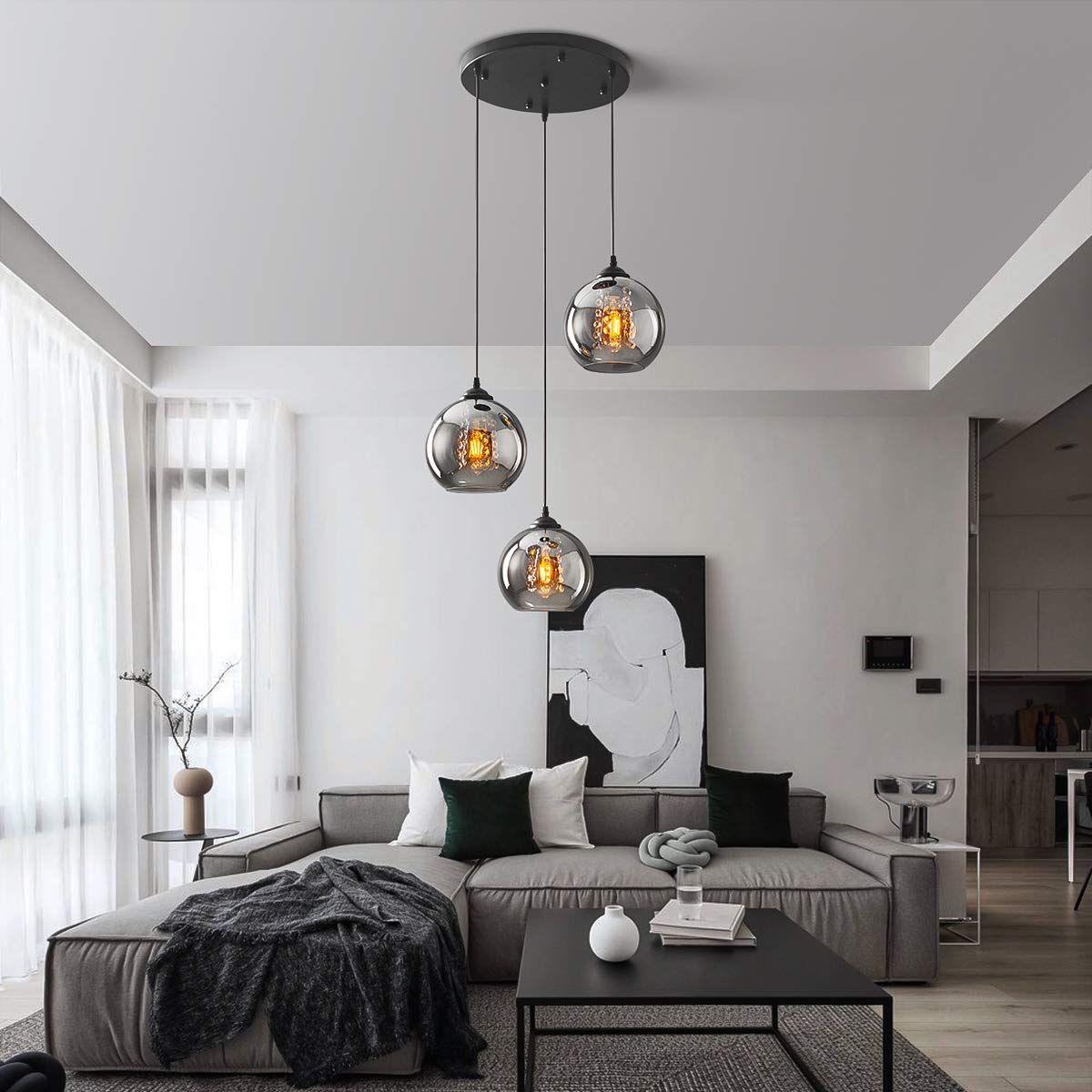 H.W.S LáMpara Colgante De Cristal DiseñO Bola Moderna Creativa DecoracióN Interior Ajustable En Altura Luminaria Sala Estar (Smoky gray, 3 flamming round)
