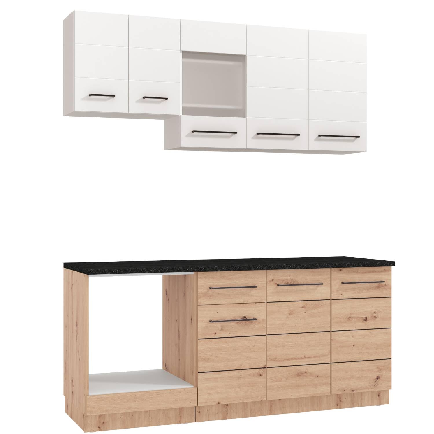Homestyle4u Singleküche 180 cm Weiß Eiche - Küchenzeile ohne Geräte | Küchenblock mit Arbeitsplatte, Hängeschrank & Unterschrank – Holzoptik Sonoma Eiche, erweiterbar