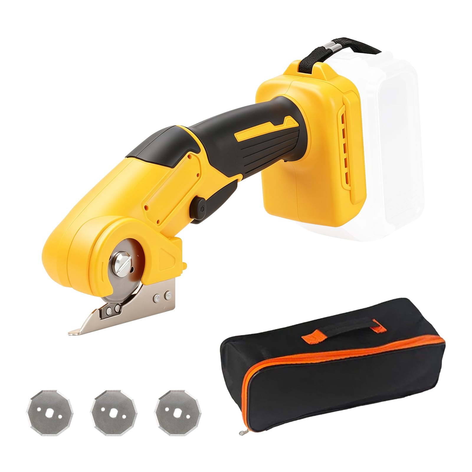 Elektrische Schere Karton Rollschneider Kompatibel mit Dewalt 18V/20V, Rollschneider mit 3 Ersatzklingen 6mm Schnitttiefe für Stoff, Karton, Leder, Teppich (Gelb für Dewalt)