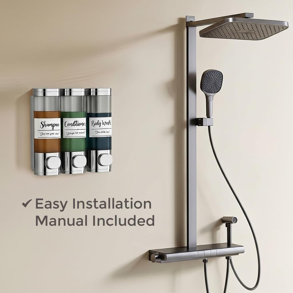 Soap Dispenser - 3 Chamber - 3x300ml - No Drill Wall Mount Bottles Organizer Toiletries for Cream Lotion Liquid Soaps Shampoo Conditioner Storage - Modern Essentials Bathroom Set - Chrome 1