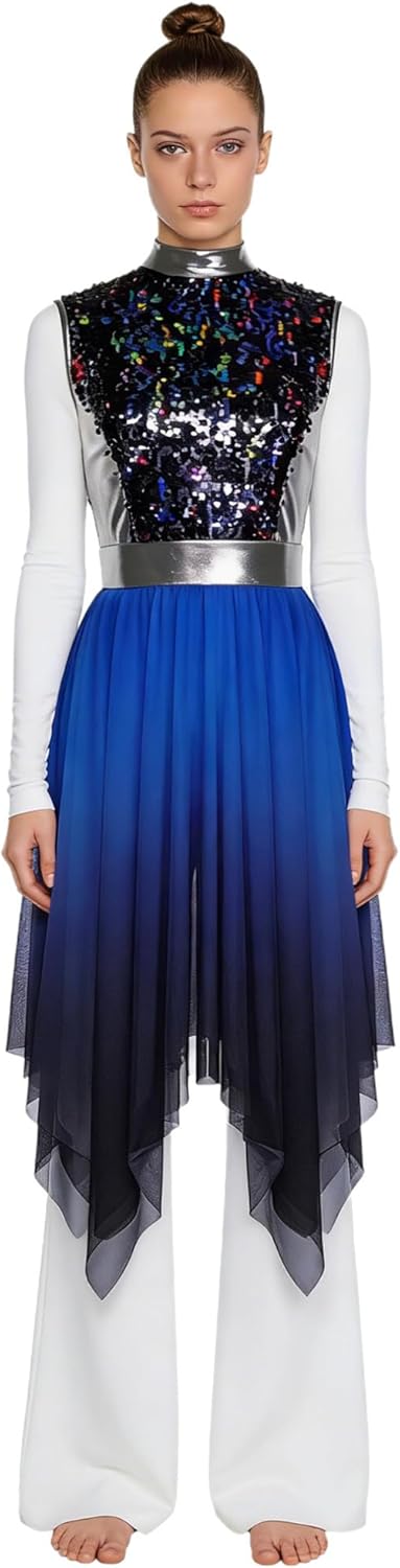 FEESHOW Women Liturgical Praise Dance Dress Sequin Sleeveless Worship Overlay Tunic Lyrical Dancewear