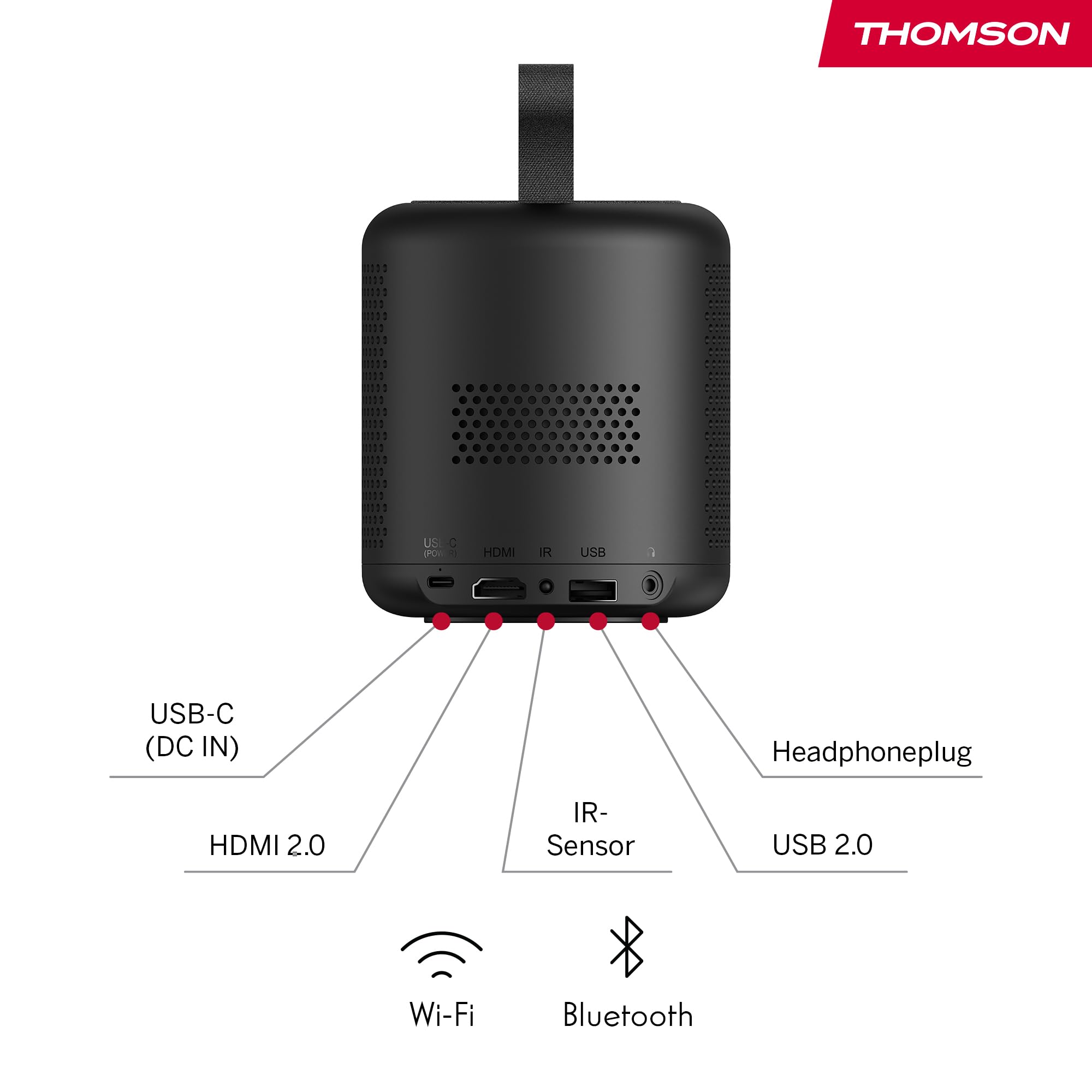 Thomson Vega PG35B Tragbarer Full HD Beamer, Smart LED Projektor mit Google TV, integriertem Akku, 350 ANSI Lumen, Autofokus, HDR10, Dolby Digital+, WiFi, Projektion an die Decke – Hartschalenkoffer