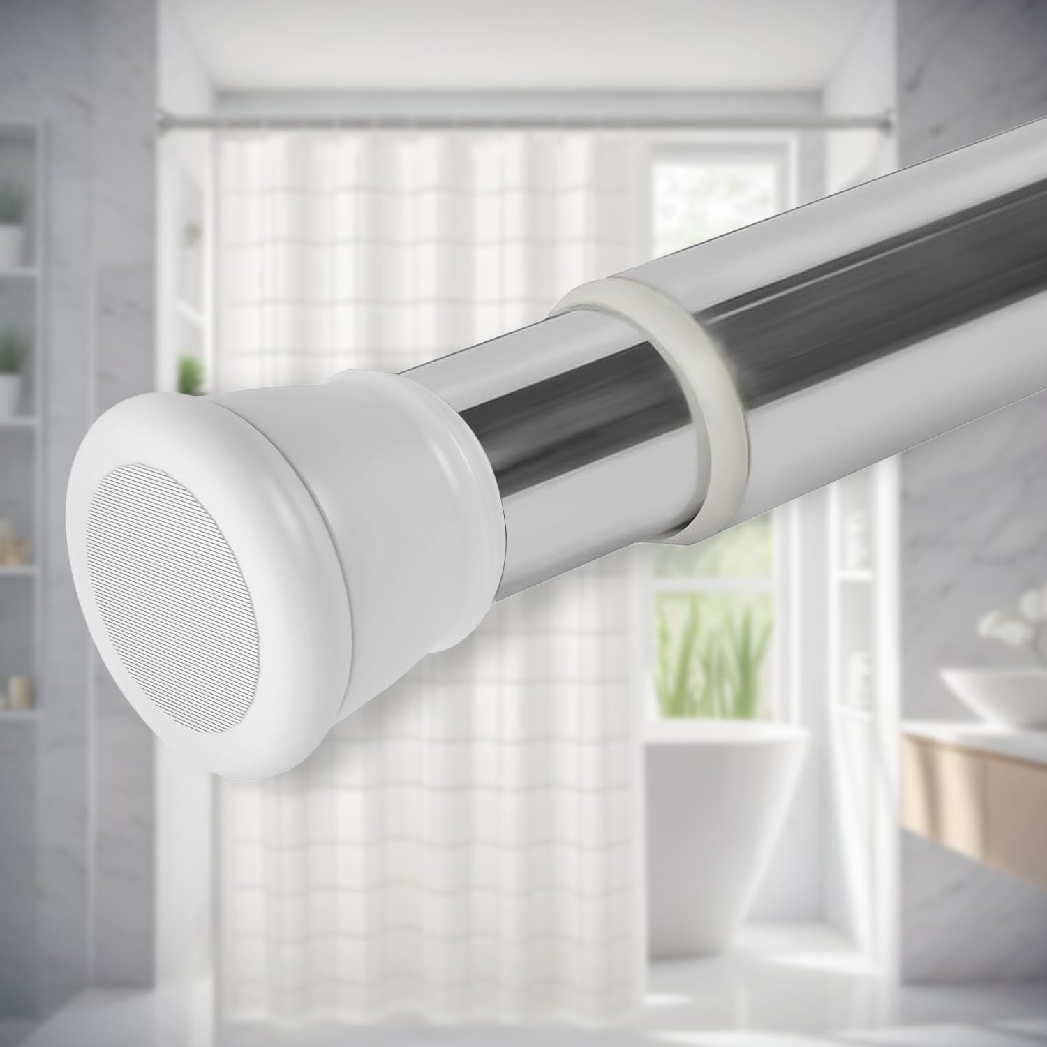 SITTELLA® (125Cm To 220Cm) Extendable Shower Curtain Tension Rod Non-Drilling Anti-Skid Spring Pull Rod -Stainless Steel, White-Silver