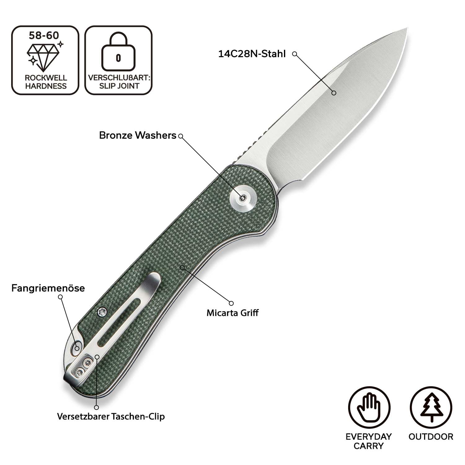 CIVIVI Elementum Slip Joint Taschenmesser Klappmesser 7,52 CM 14C28N Klinge Canvas-Micarta-Griff, Outdoor EDC-Messer C18062AJ-2 (Grün)