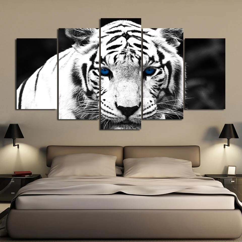 Tableau tigre blanc en 5 parties grande impression sur toile 200x100 cm