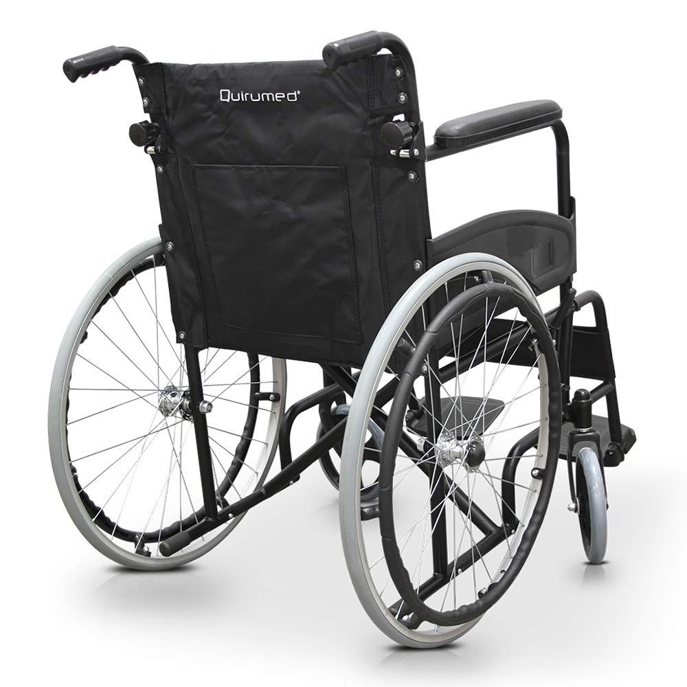 QUIRUMED Silla de ruedas de acero, modelo EASY COMPACT, Plegable, Asiento 46 cm, Ligera, Bolsillo portadocumentos, Para mayores, Para minusválidos, Hasta 110 kg