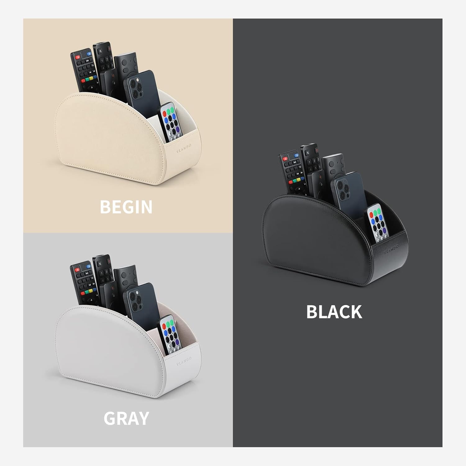 Vlando Leather Remote Control Holder - Large Remote Control Caddy - Desktop Organizer with 5 Compartments Fits TV, DVD, Blu-Ray, Media Player, Heater Controllers, Office and Makeup Supplies (Black) : Electronics