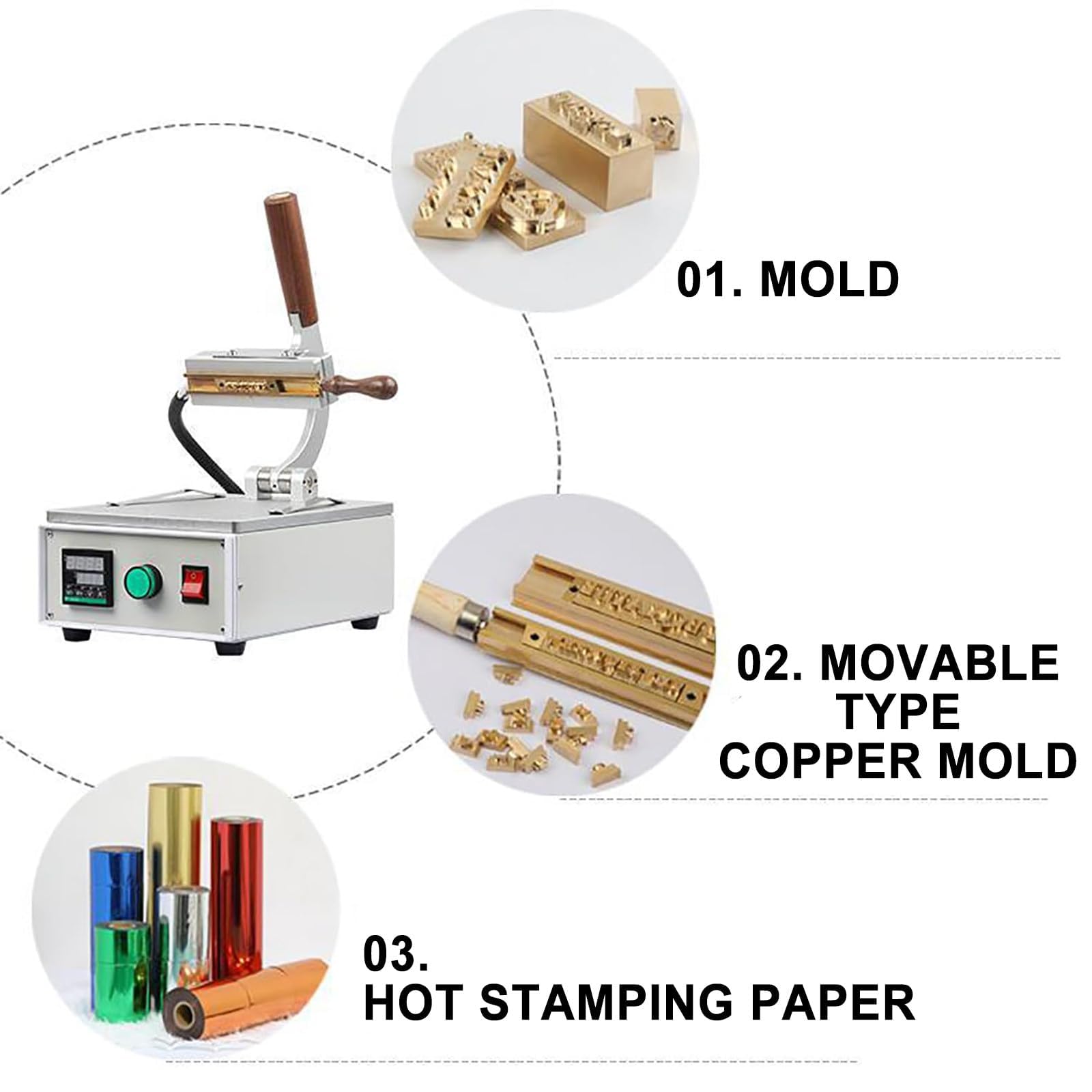 Stampatrice a caldo - Timbro manuale ribaltabile in metallo con piastra riscaldante a controllo digitale per una facile goffratura della pelle, multifunzionale e facile da usare
