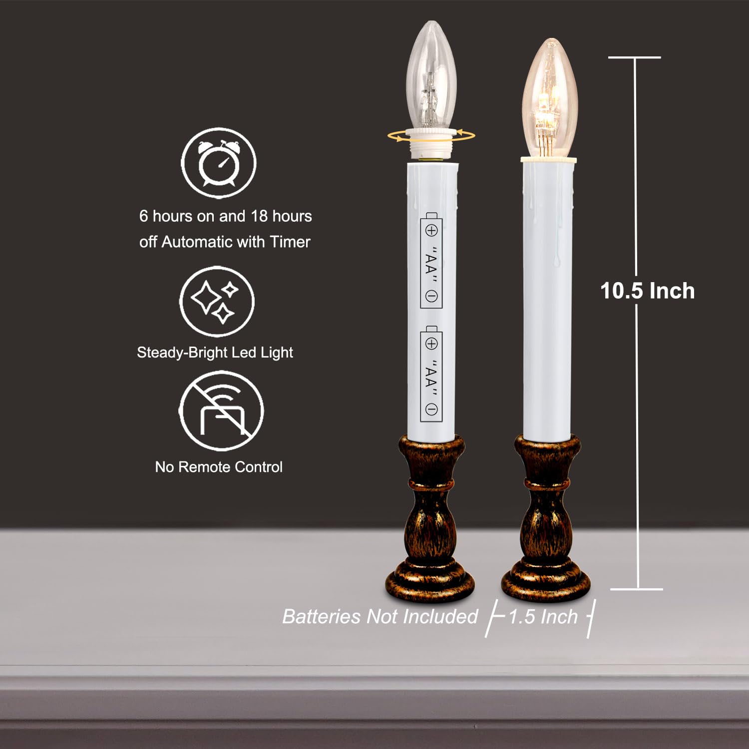 Candele natalizie a LED ultra luminose con timer, 25,4 cm, funzionamento a batteria, con base in bronzo antico (timer da 6/18 ore) per decorazione da tavolo per interni e feste, set da 6