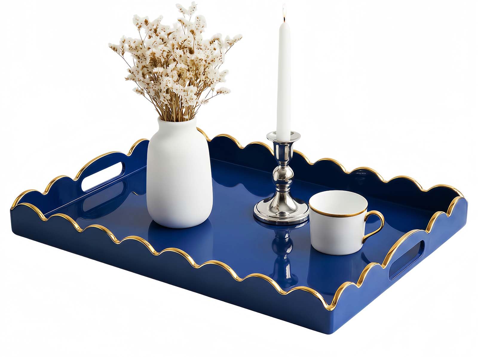 Gesodant Scalloped Glossy Plastic Lacquer Decorative Tray, 15.7 x 11.8 Inch Rectangle Serving Tray with Handles for Coffee Table, Ottoman, Bedroom Vanity, Living Room Centerpiece (Royal Blue & Gold)
