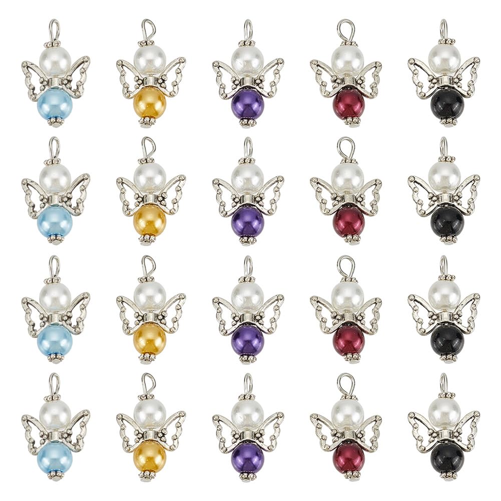 HOBBIESAY 50Pcs 5 Colors Glass Angel Wing Charms 27mm Angel Round Beads Pendant with Iron Wings Colorful Wing Beads Pendants Wing Beads Dangle Pendants with Loop for Jewelry Making Hole: 3mm