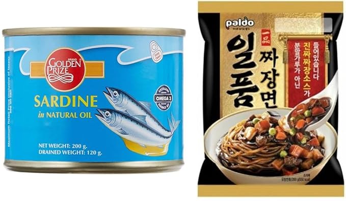 Golden Prize Sardine in Natural Oil 200 Gms (2 Units) and Paldo Ilpoom Jjang Noodles 200 Gms (2 Units), Combo Pack, Pack of 4