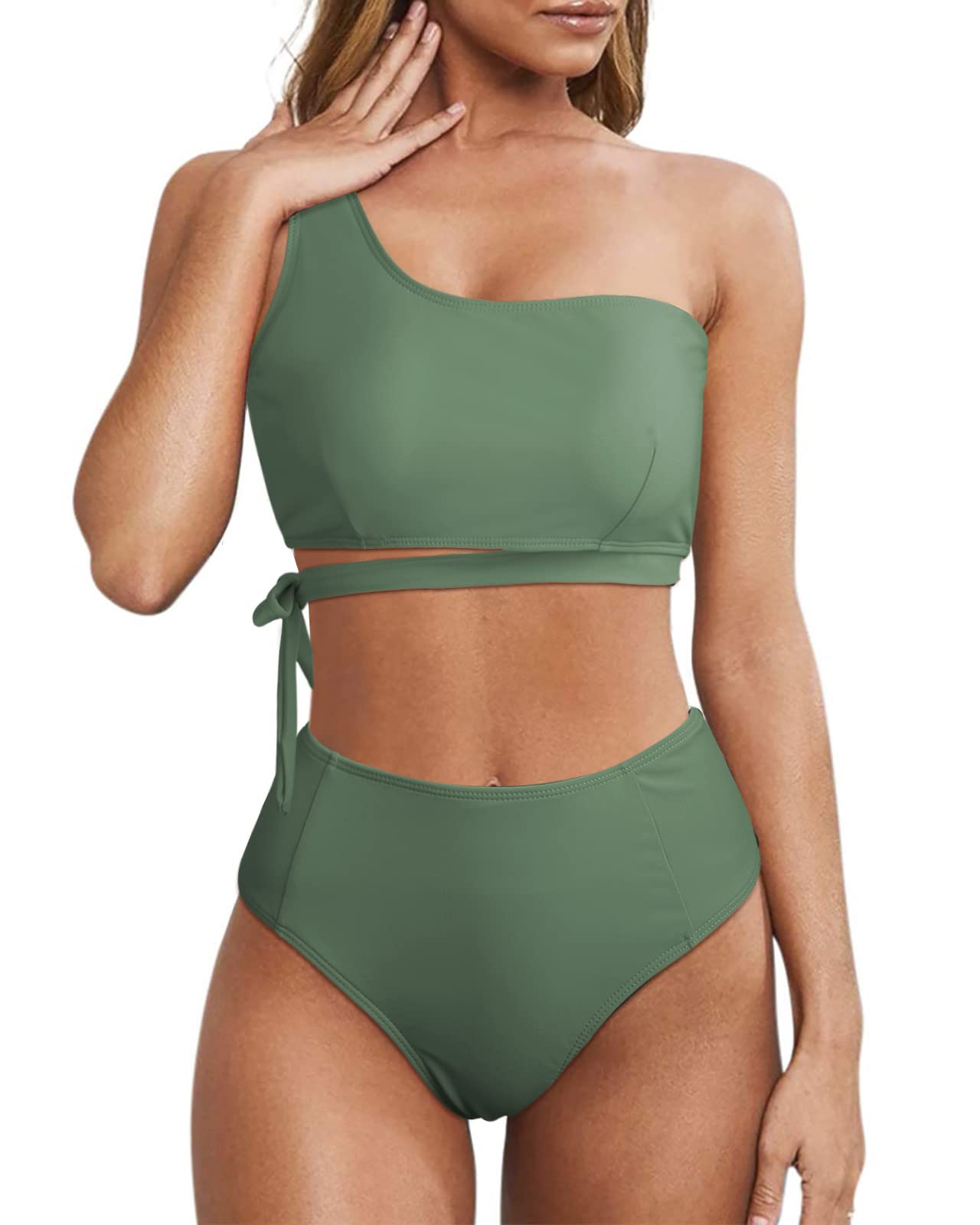 Wantonfy Damen Bikini Sets High Waist Schwimmanzug Zweiteiliger Badeanzug EIN Schulter Bademode Swimsuit