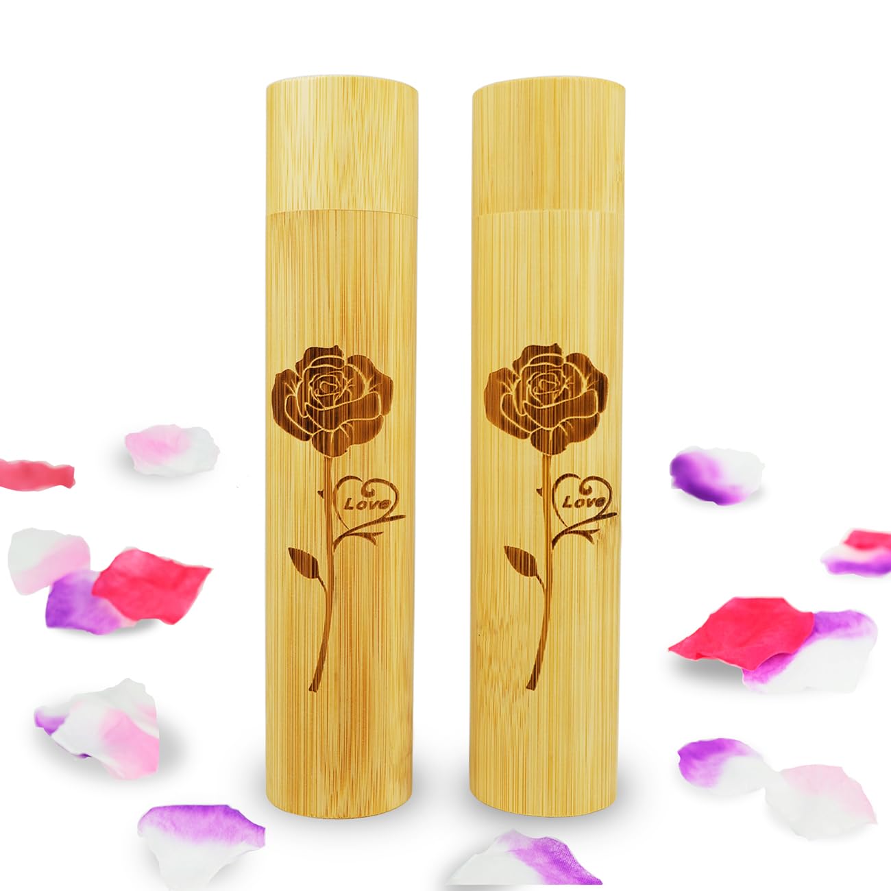 Set of 2 Small Bamboo Cremation Scattering Urns Tube for Human Pet Ashes, Bamboo Spreading Tube Urn for Male Female Women Man Mom Dad Child Remains(Rose Love)