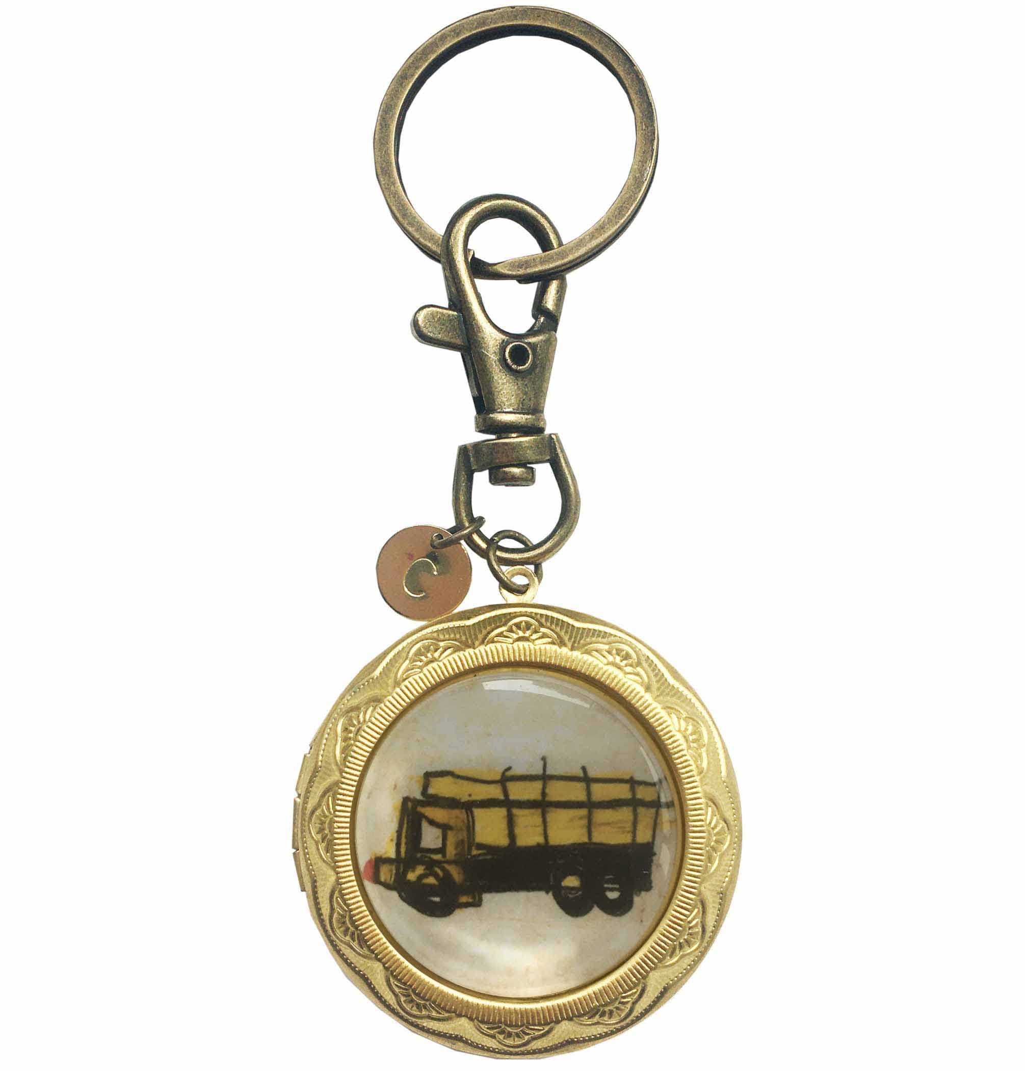 Steampunk truck Engineering vehicle glass dome keychain locket with photo,car keyring,personalized initial art illustration locket keychain