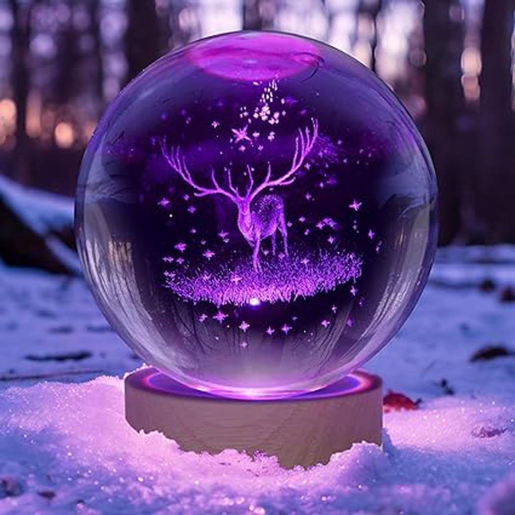 16 Color 3D Deer Crystal Ball Lamp,K9 Crystal Ball Night Light with 3.15 Inch Wooden Base,Reindeer Nightlight Gifts for Room Decoration (RGB Deer), led
