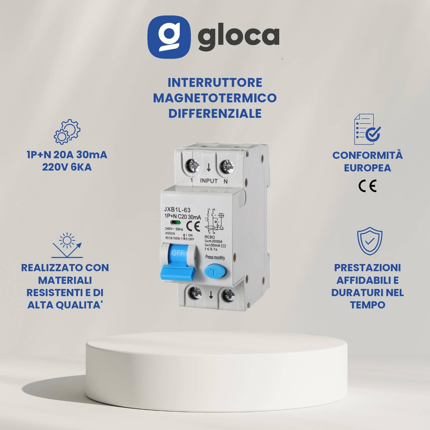 gloca Interruttore Magnetotermico Differenziale 2P 20A 30mA 220V 4.5KA 2 Moduli DIN C20