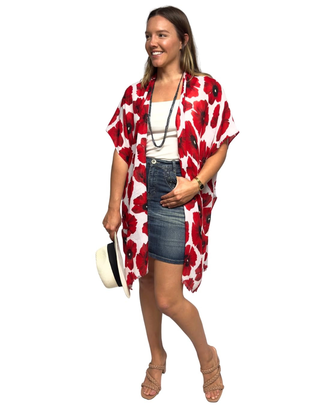 Humble Hilo Cardigan kimono sans manches léger pour femme, décontracté et fluide, Coquelicots rouges, S/M, Taille unique