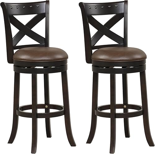 COSTWAY Juego de 2 taburetes de bar, taburete giratorio de altura de mostrador con respaldo curvo, asiento de piel sintética y patas de madera de