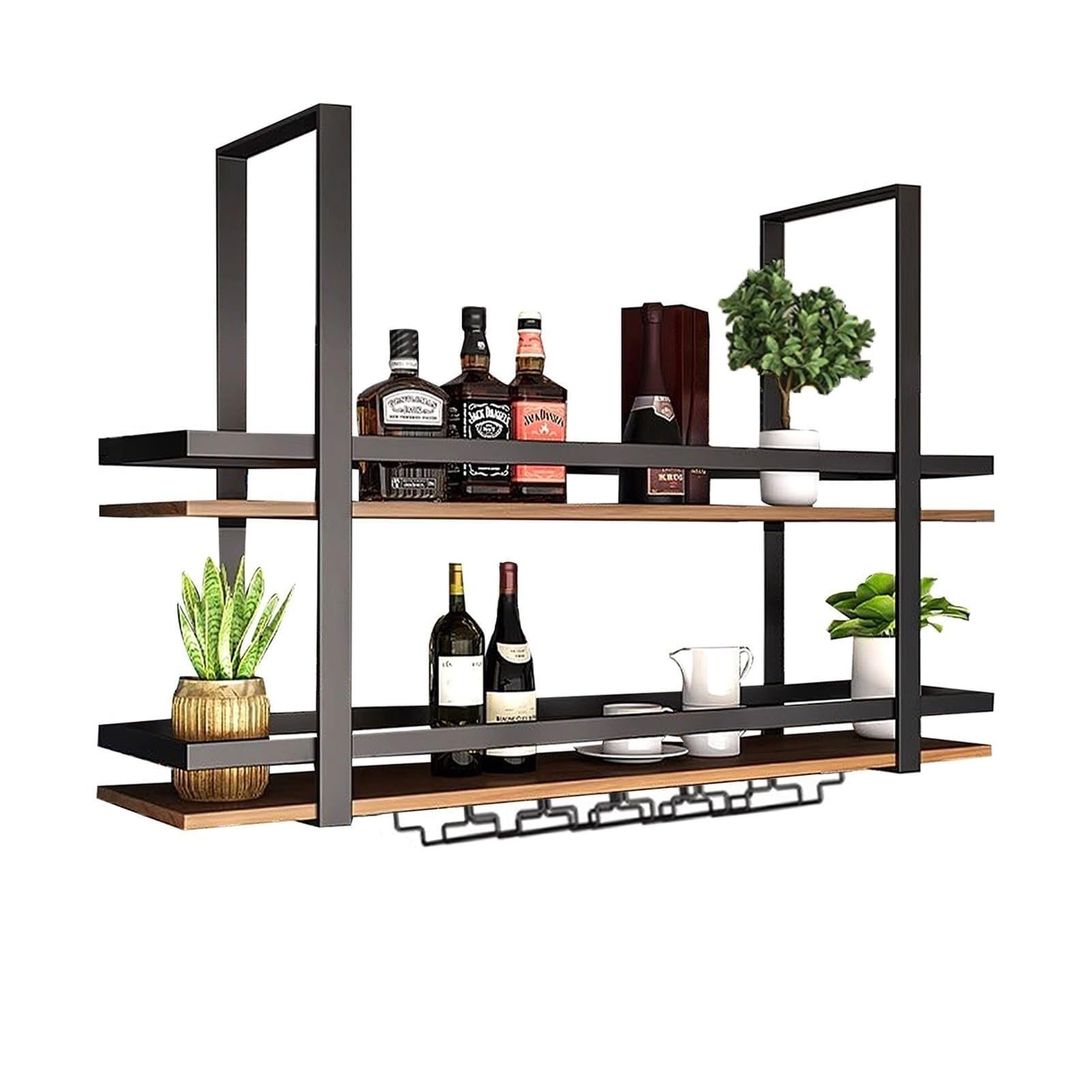 Estantes De Techo Botellero Colgante 2 Niveles Estante Almacenamiento Cocina Soporte Copas Vino Madera Maciza Montado Pared LOFT Bar